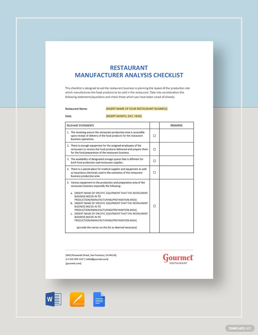Restaurant Manufacturer Analysis Checklist Template