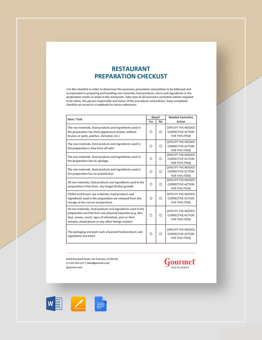 Restaurant Preparation Checklist Template