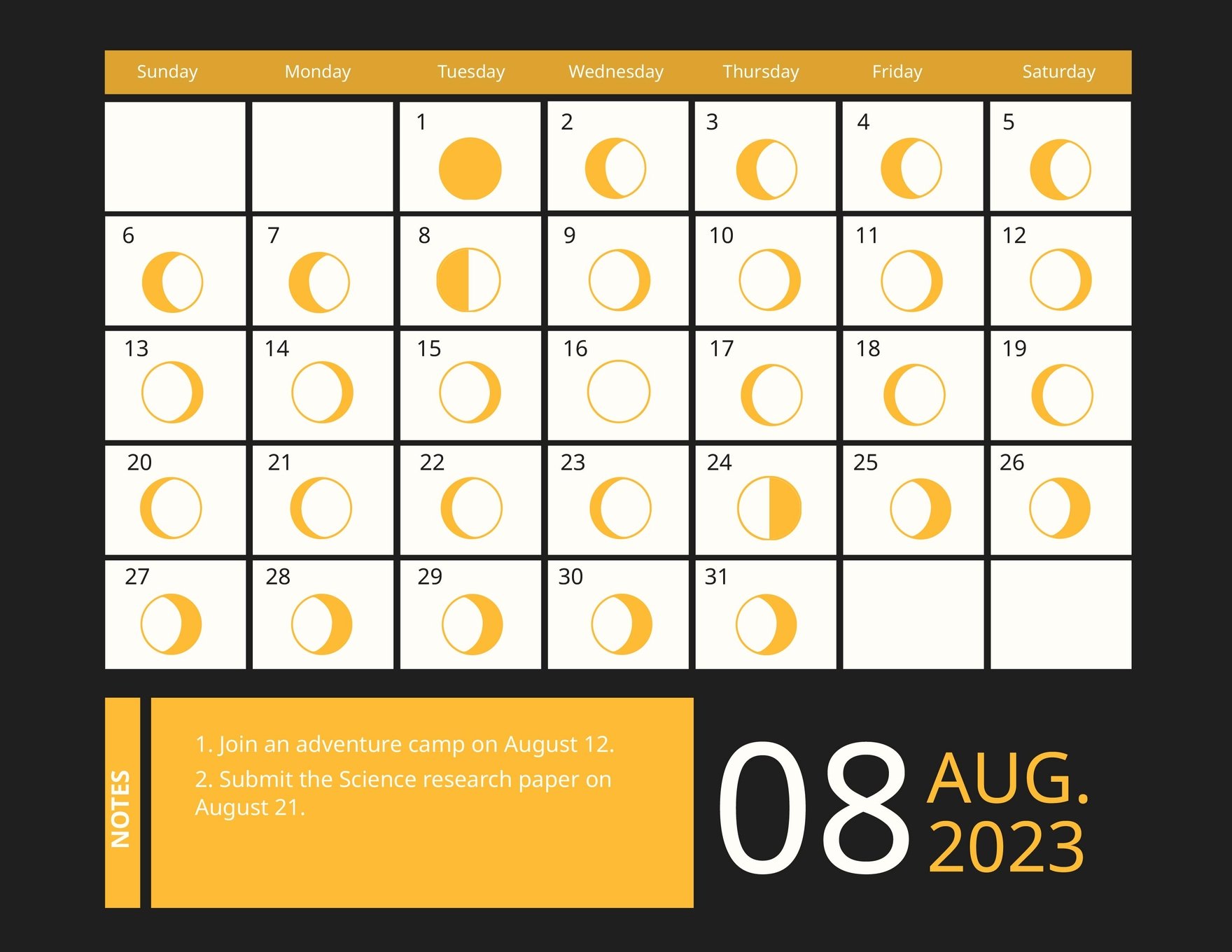 Free August 2023 Calendar Template With Moon Phases in Word, Google Docs, Excel, Google Sheets, Illustrator, EPS, SVG, JPG