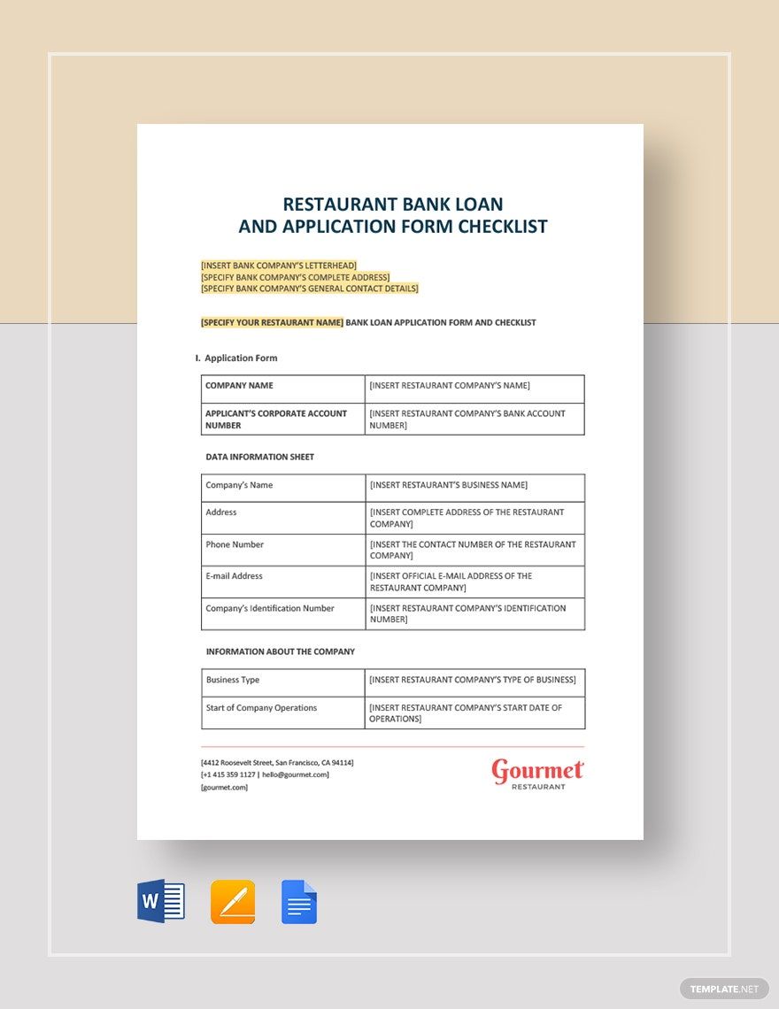 Restaurant Bank Loan and Application Form Checklist