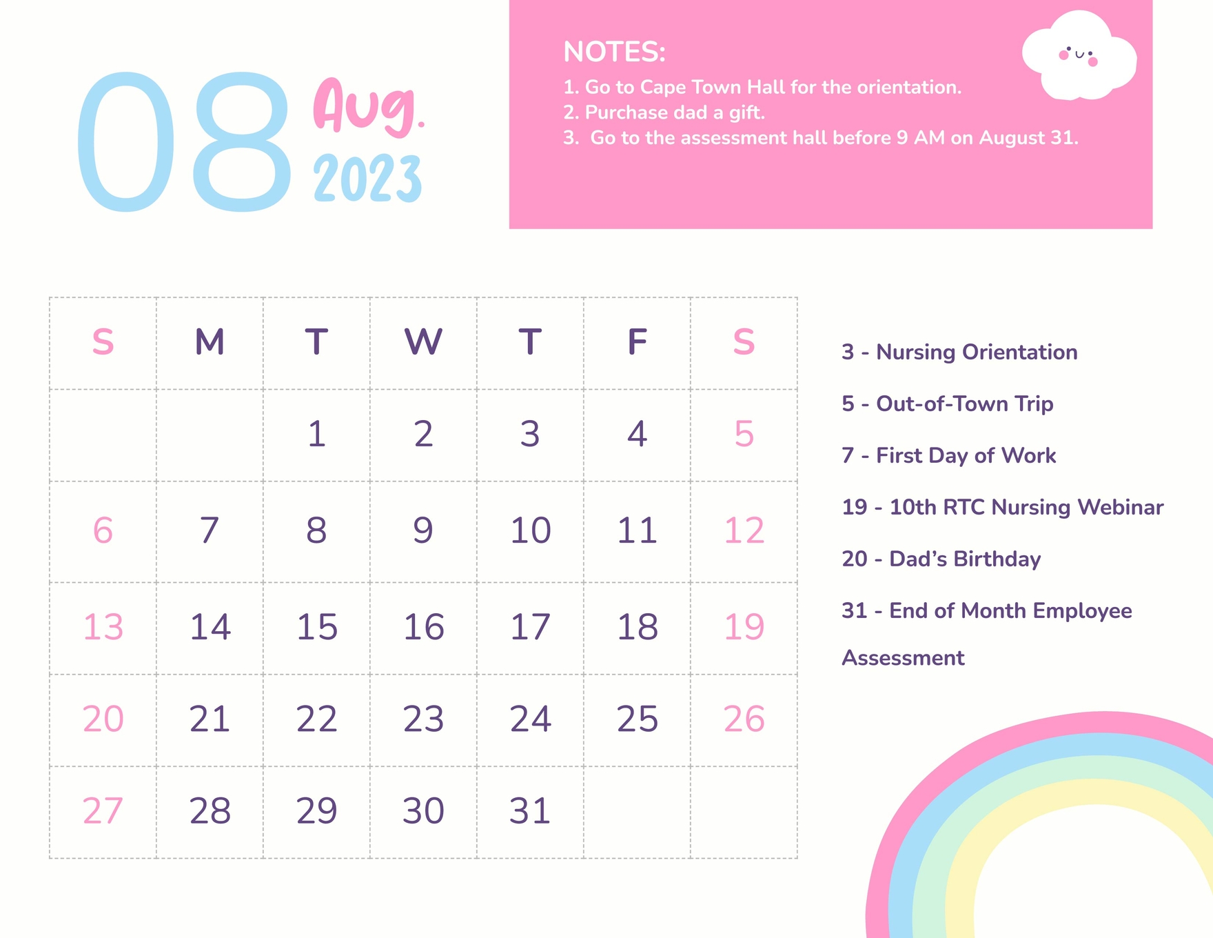 Cute August 2023 Calendar Template in EPS, Illustrator, JPG, Excel