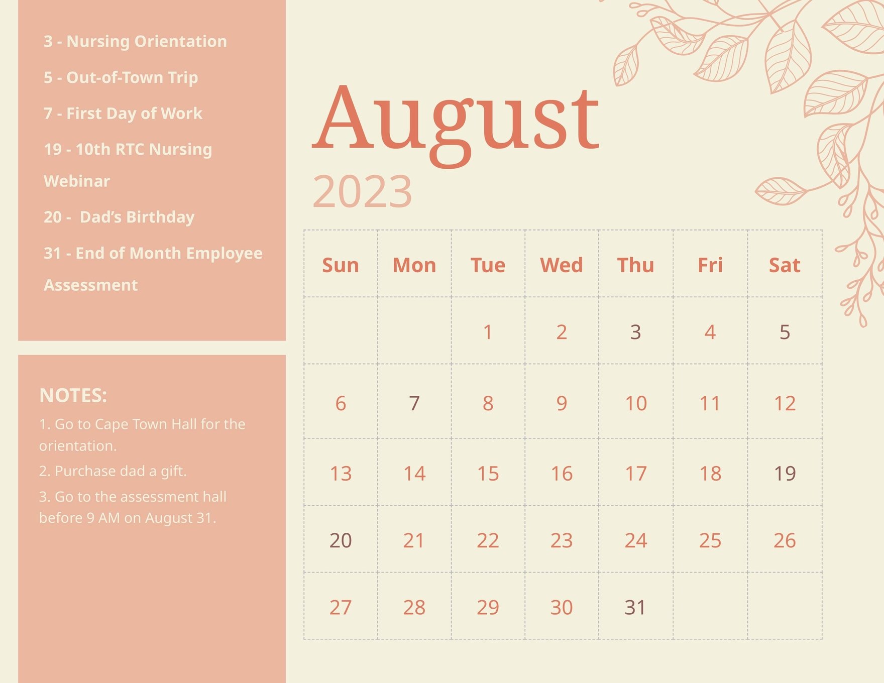 Floral August 2023 Calendar Template