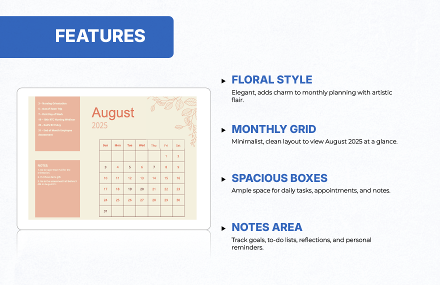 Floral August 2025 Calendar Template