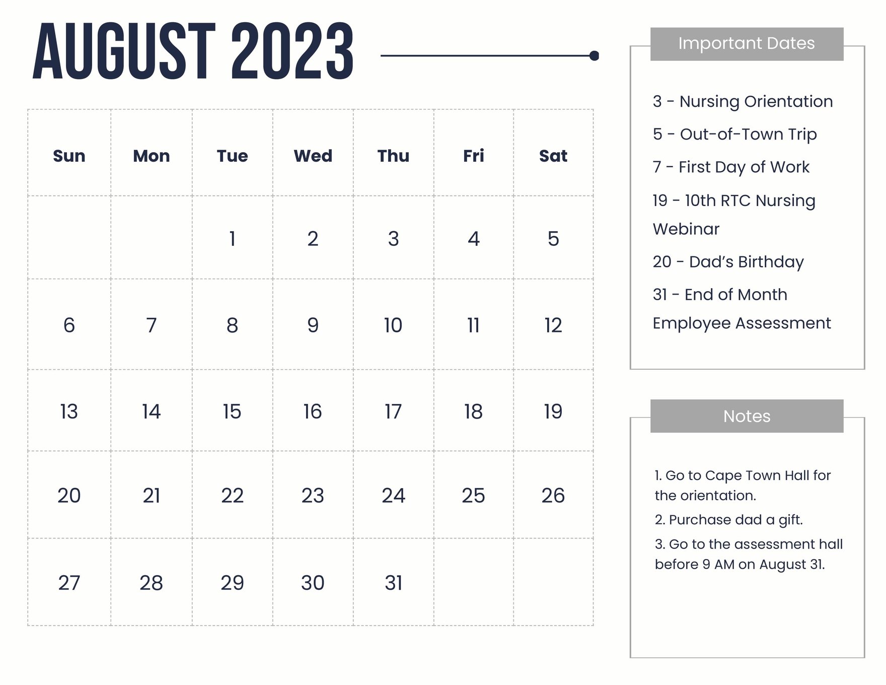 Printable August 2023 Calendar Template