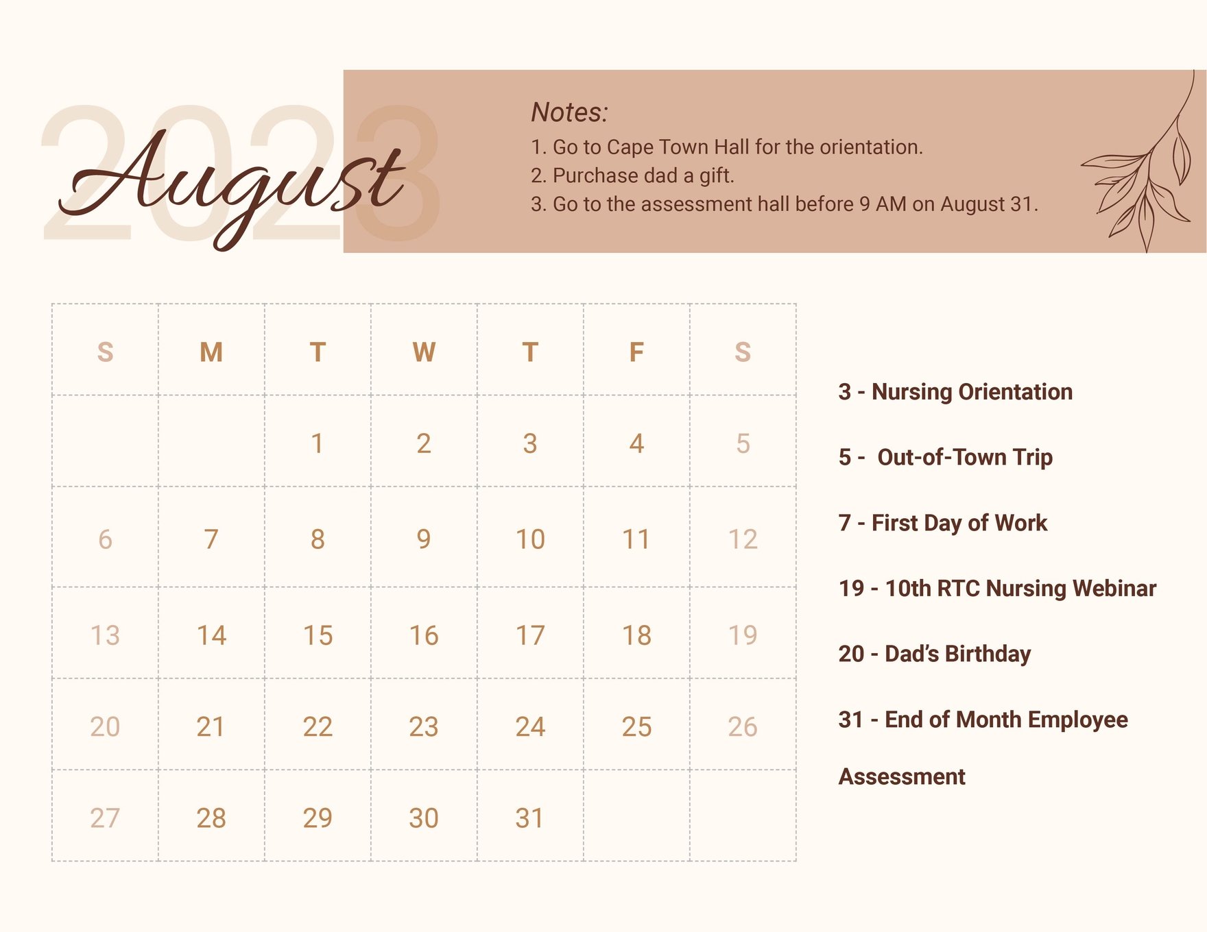 Pretty August 2023 Calendar in Word, Google Docs, Excel, Google Sheets, Illustrator, EPS, SVG, JPG