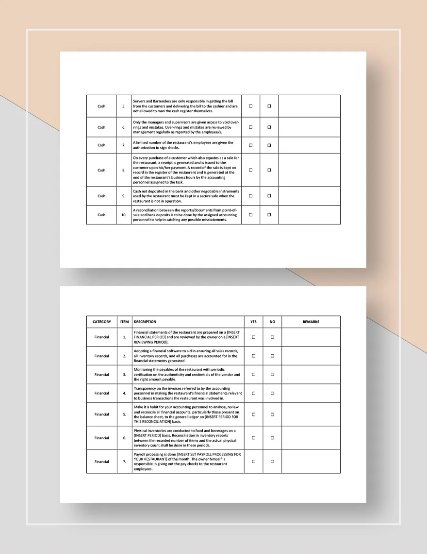 Restaurant Internal Control Checklist Template