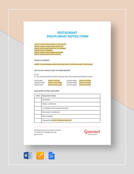 Restaurant Employee Corrective Action Notice Template ...