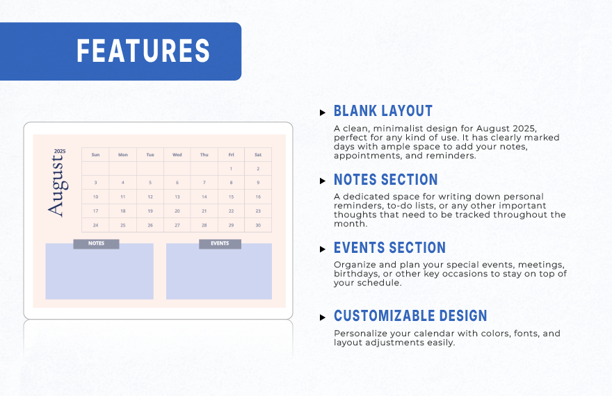 Blank August 2025 Calendar Template