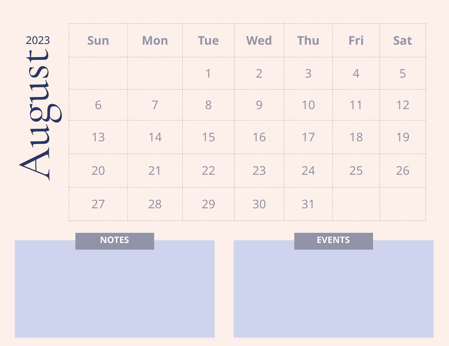 Blank August 2023 Calendar Template in Word, Google Docs, Excel, Google Sheets, Illustrator, EPS, SVG, JPG