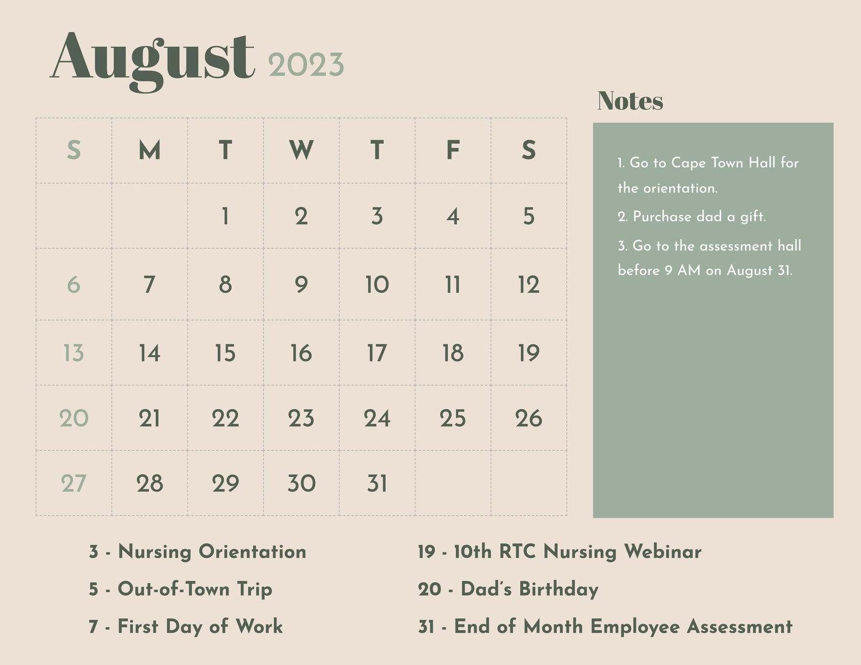August 2023 Monthly Calendar Template