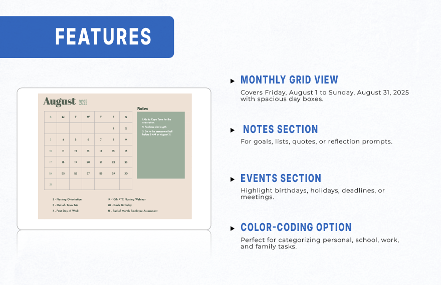 August 2025 Monthly Calendar Template