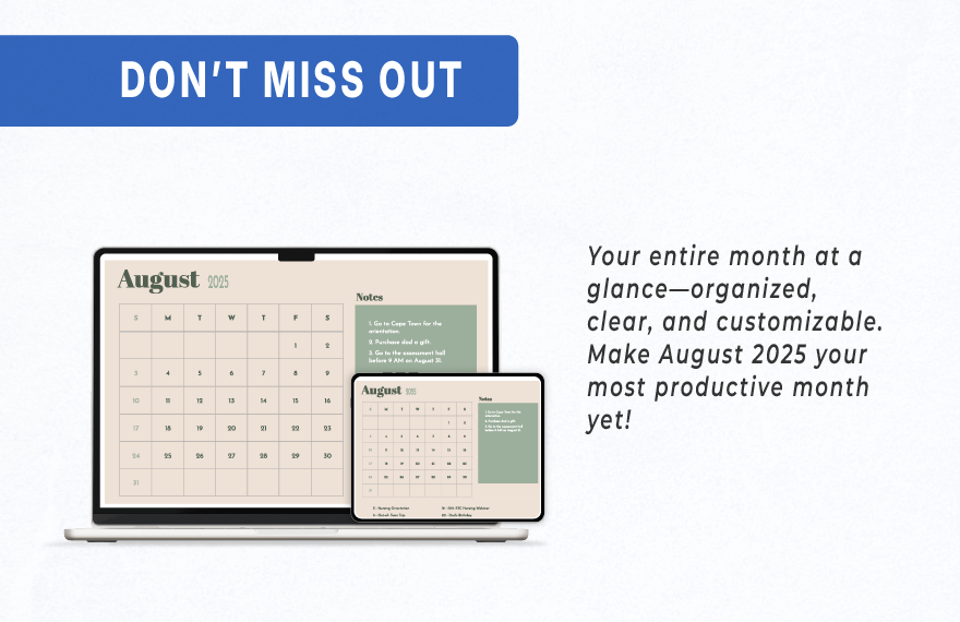 August 2025 Monthly Calendar Template
