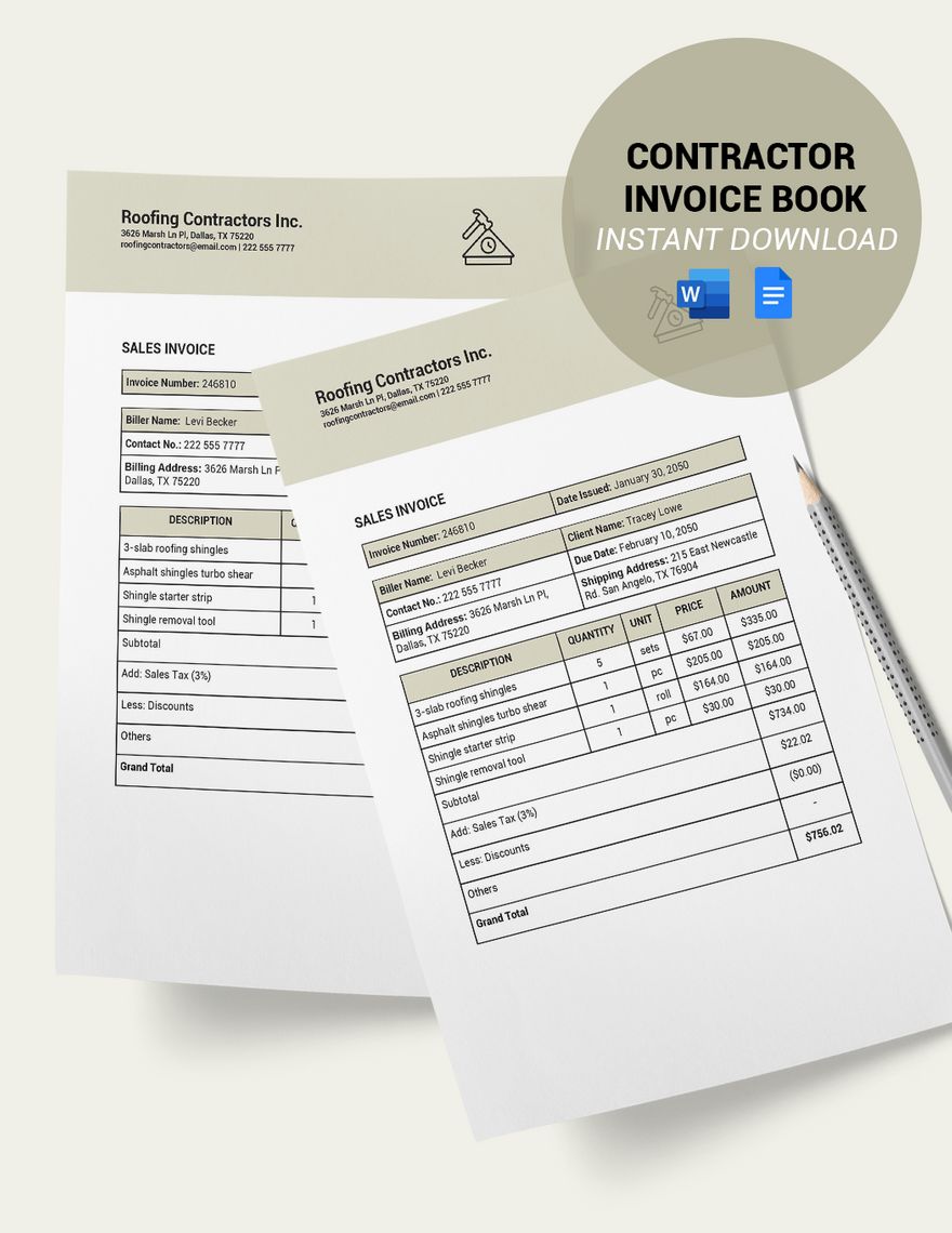 Contractor Invoice Book Template