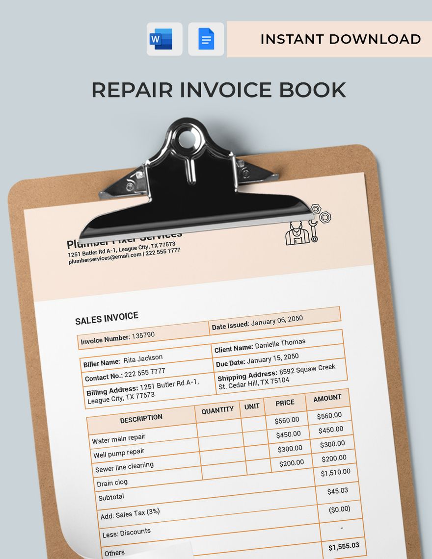 Repair Invoice Book Template in Word, Google Docs