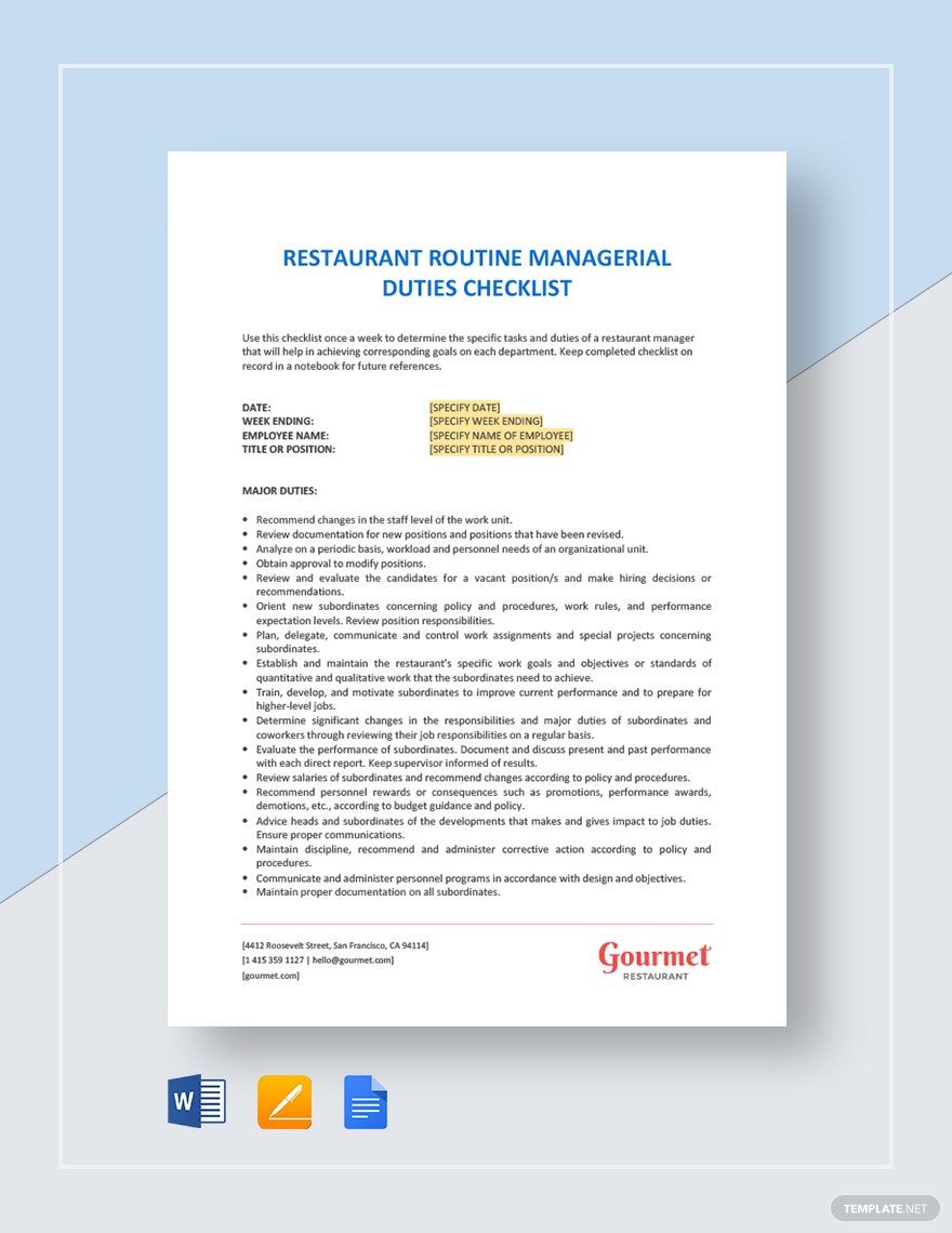 Restaurant Routine Managerial Duties Checklist Template