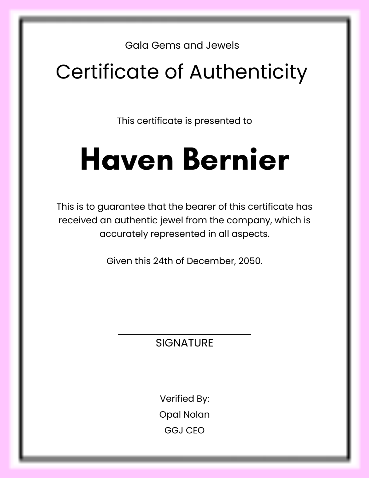 Gems Authenticity Certificate Template