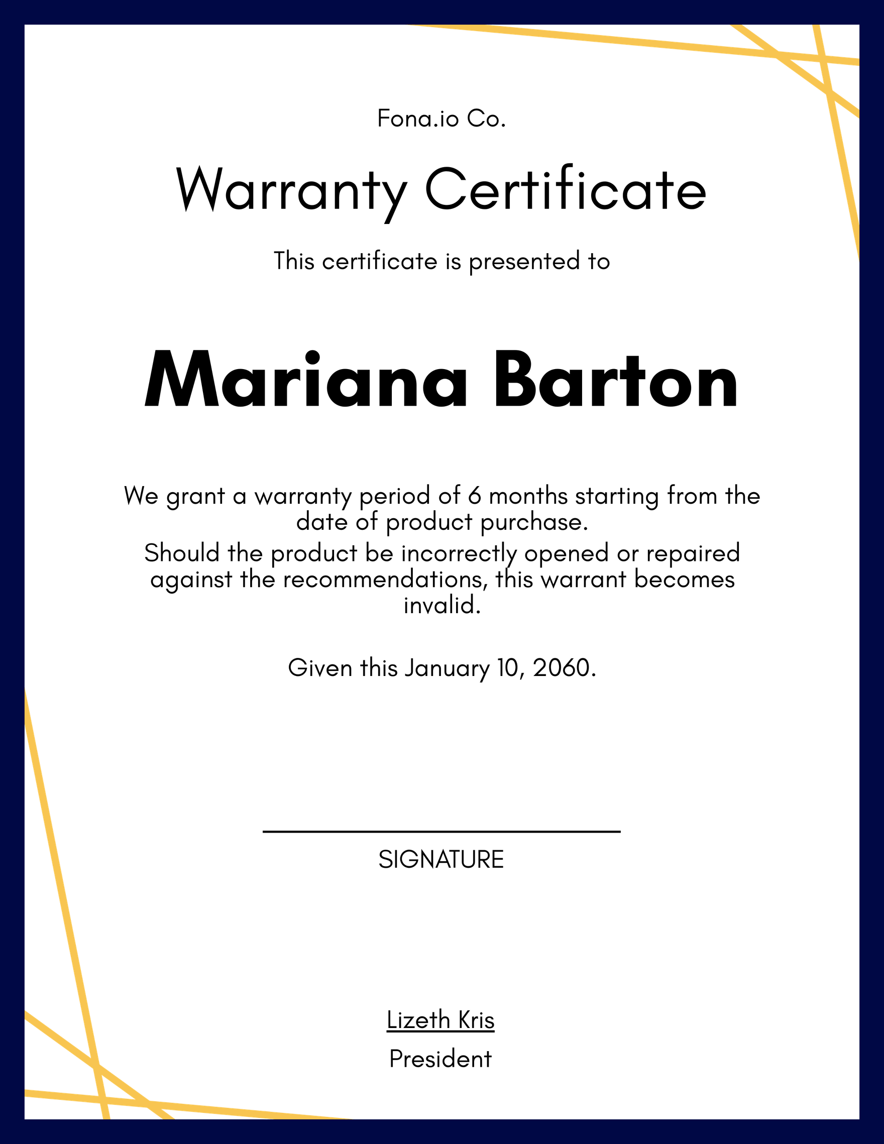 Sample Warranty Certificate