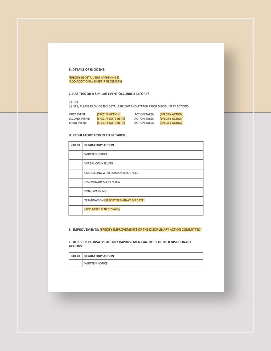 Restaurant Disciplinary Action Form Template