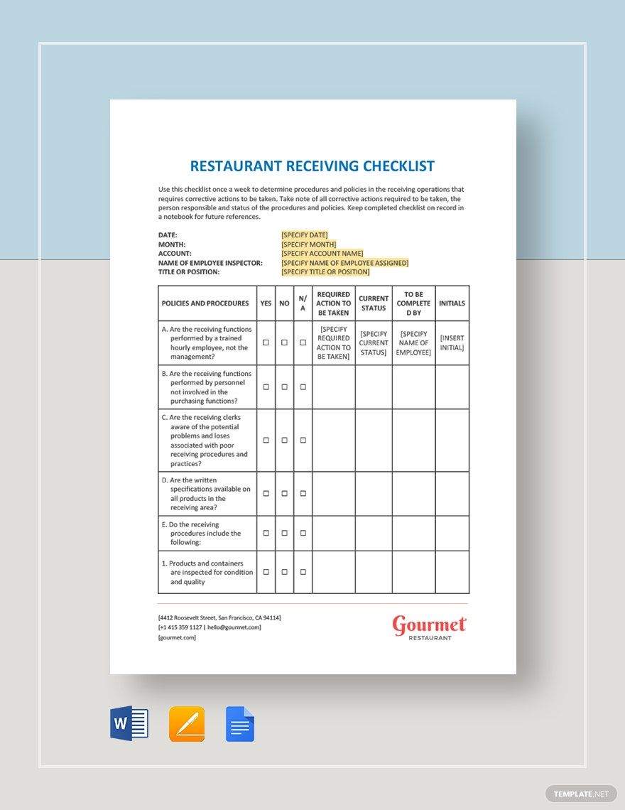 Restaurant Receiving Checklist Template