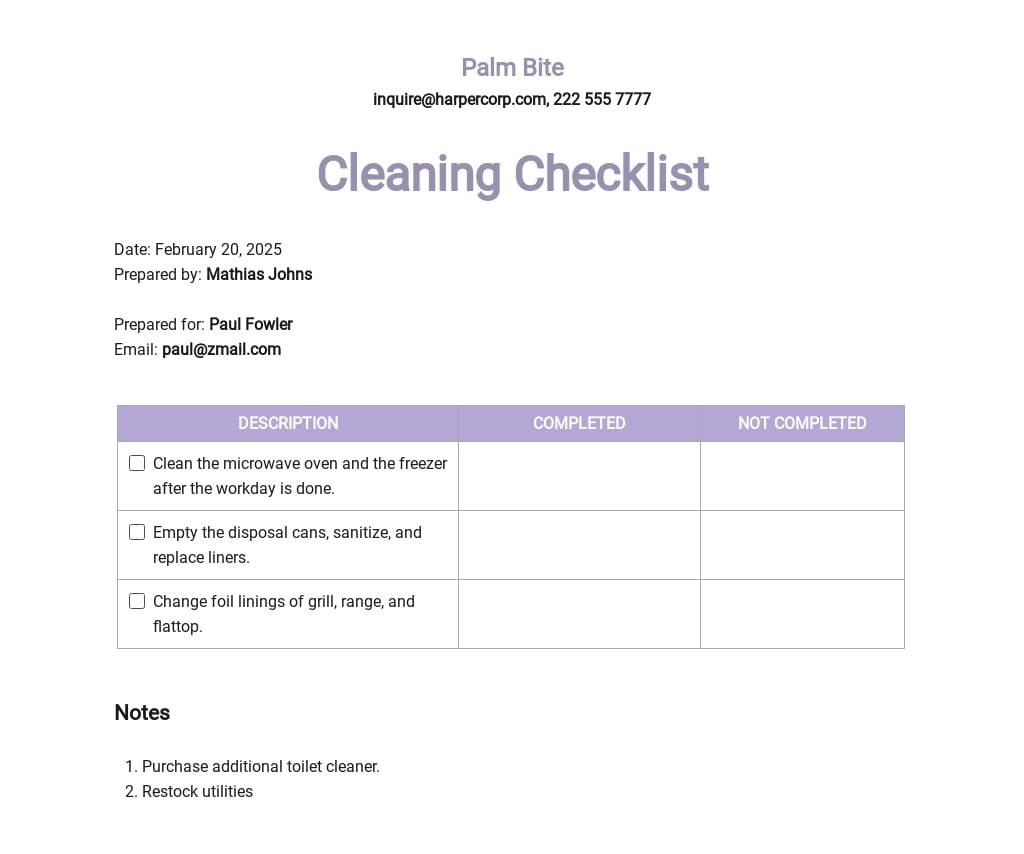 Restaurant Back of House Cleaning Checklist Template