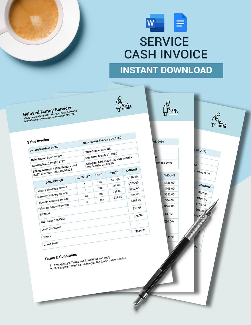 Service Cash Invoice Template in Word, Google Docs