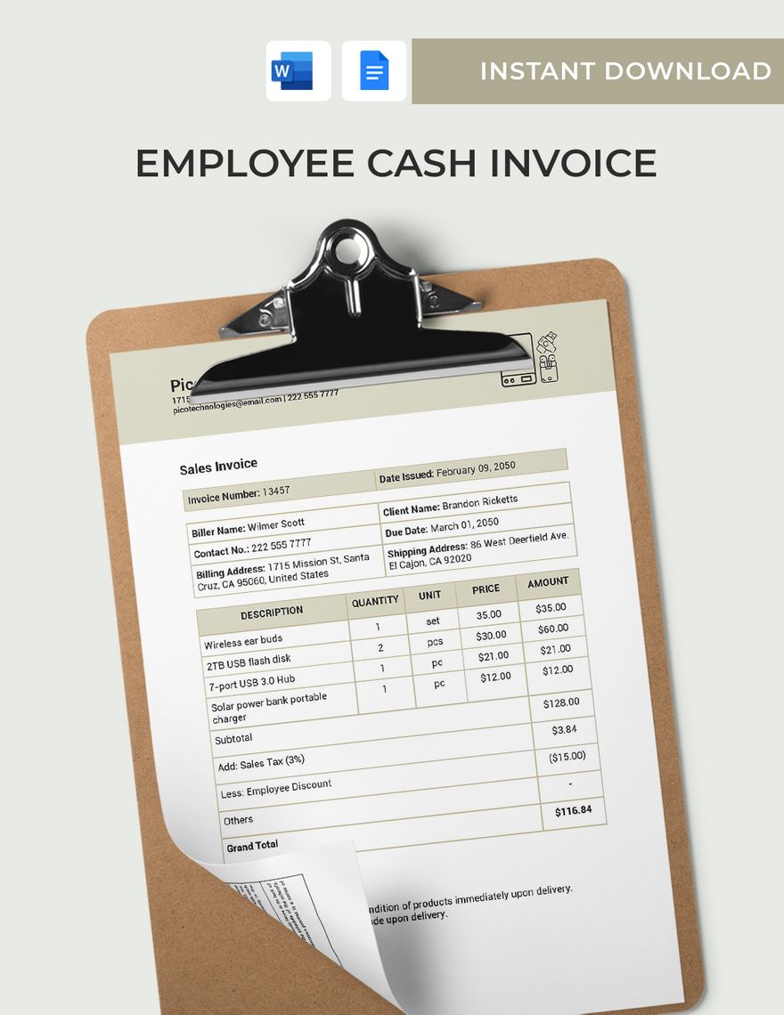 Employee Cash Invoice Template