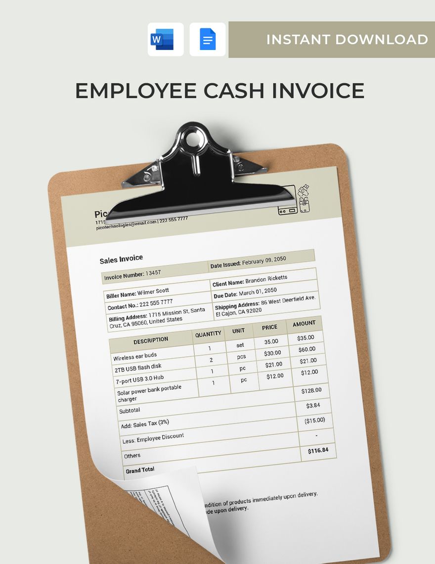 Employee Cash Invoice Template in Word, Google Docs