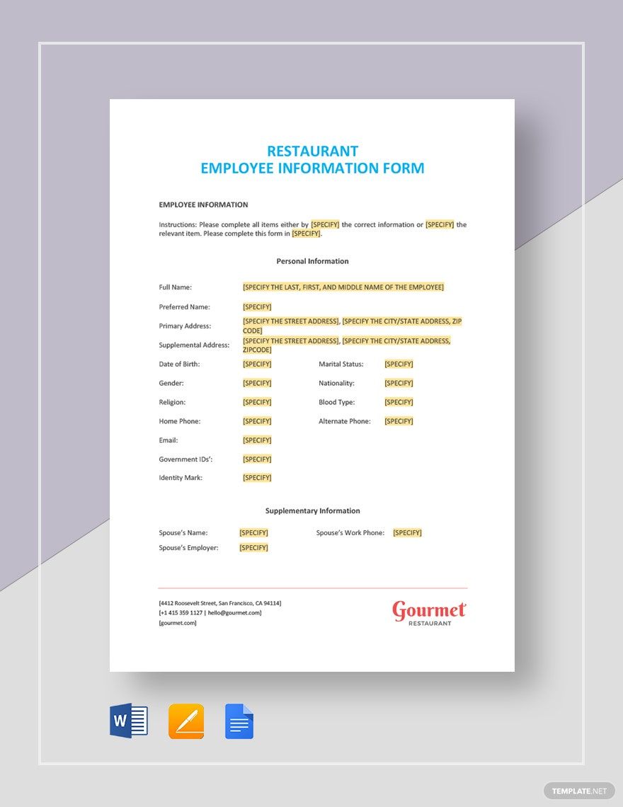 Restaurant Employee Information Form Template