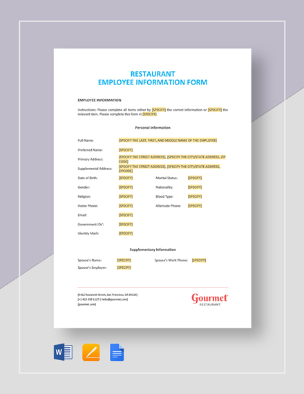 Restaurant Employee Information Form