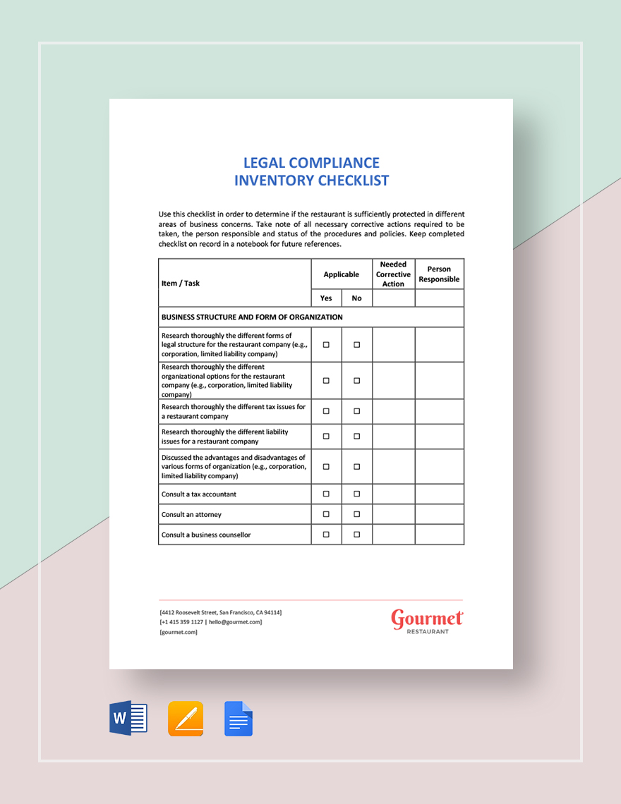 Restaurant Legal Compliance Inventory Checklist