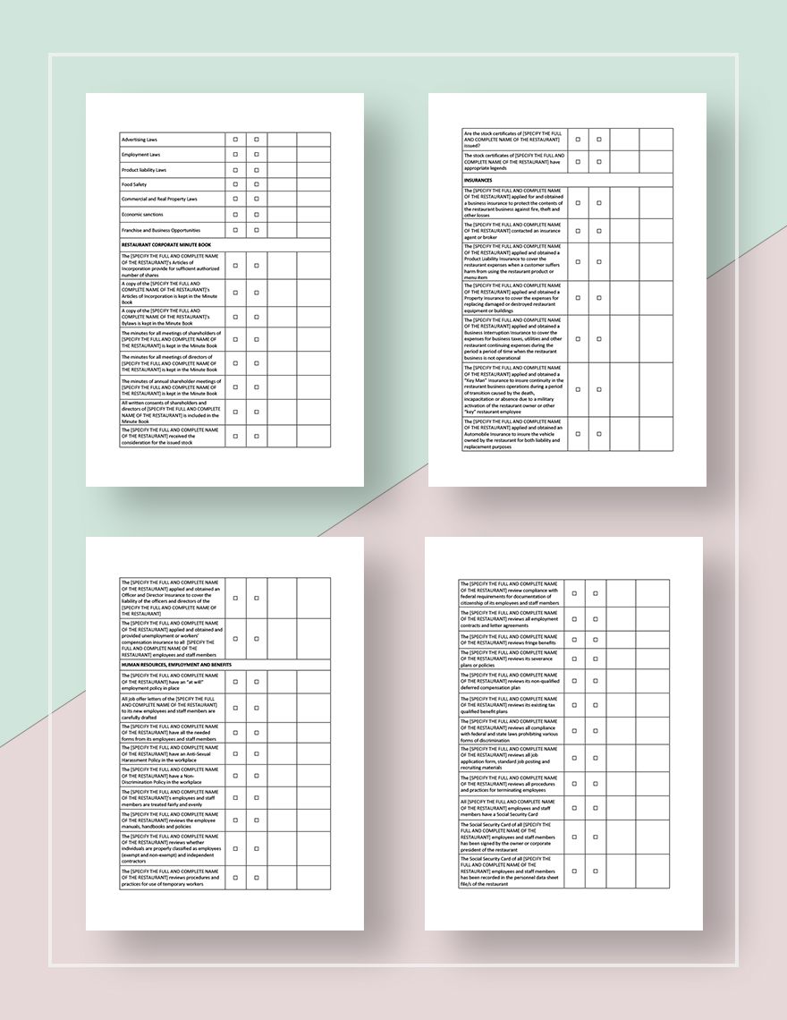 Restaurant Legal Compliance Inventory Checklist Template