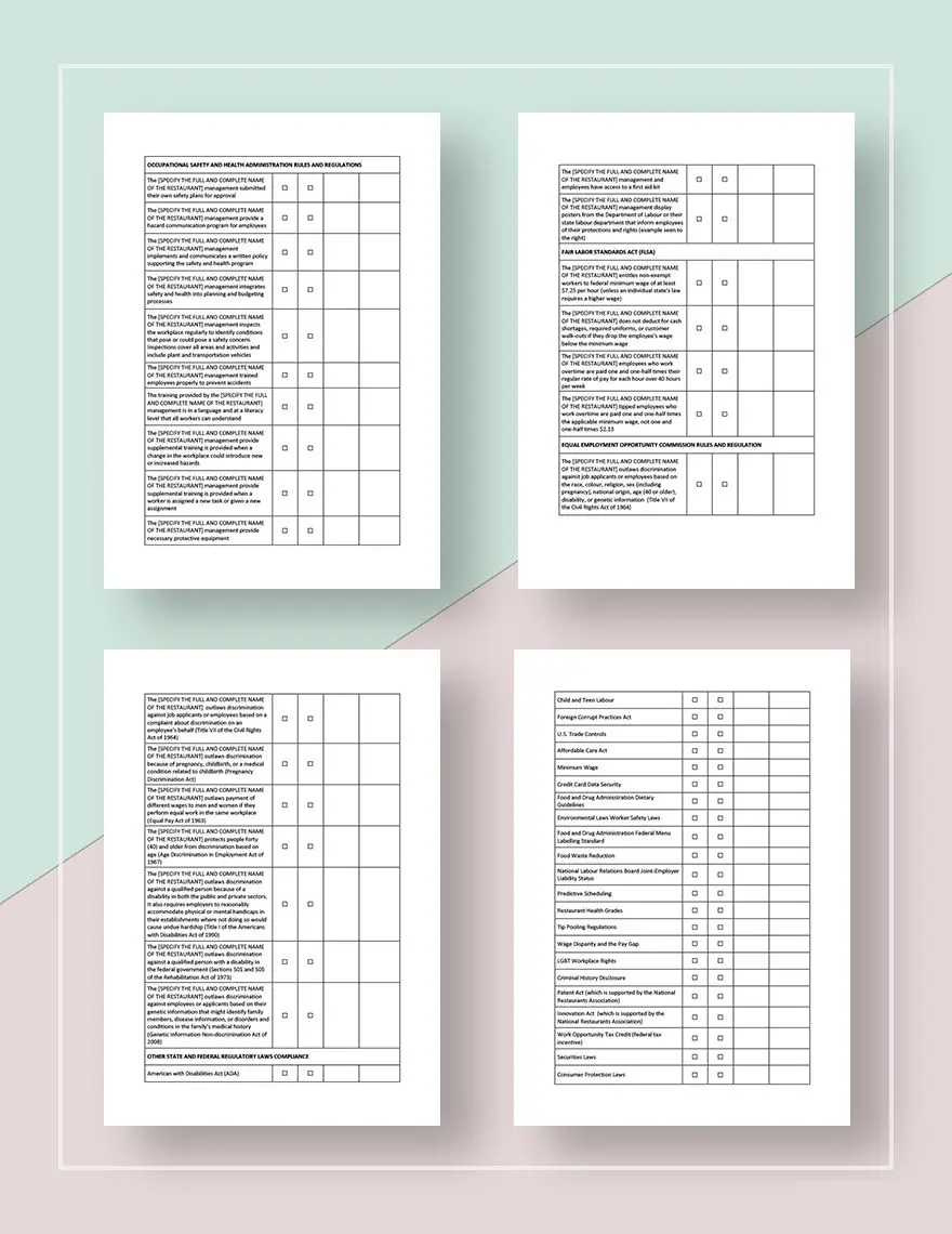 Restaurant Legal Compliance Inventory Checklist Template