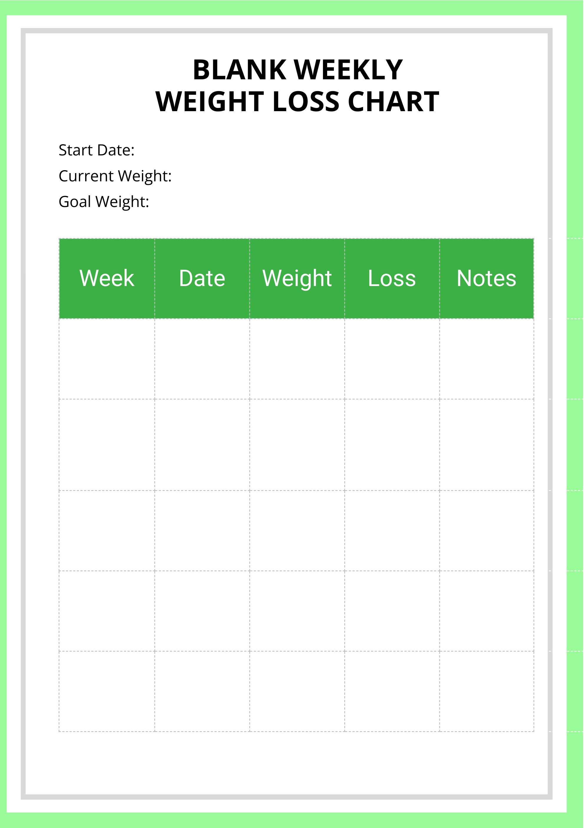 Blank Weekly Weight Loss Chart In Illustrator PDF Download Template