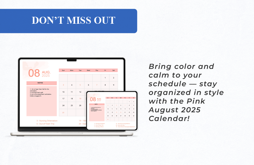Pink August 2025 Calendar