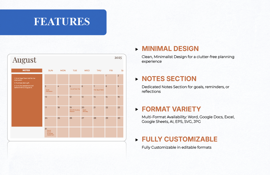 Simple August 2025 Calendar Template