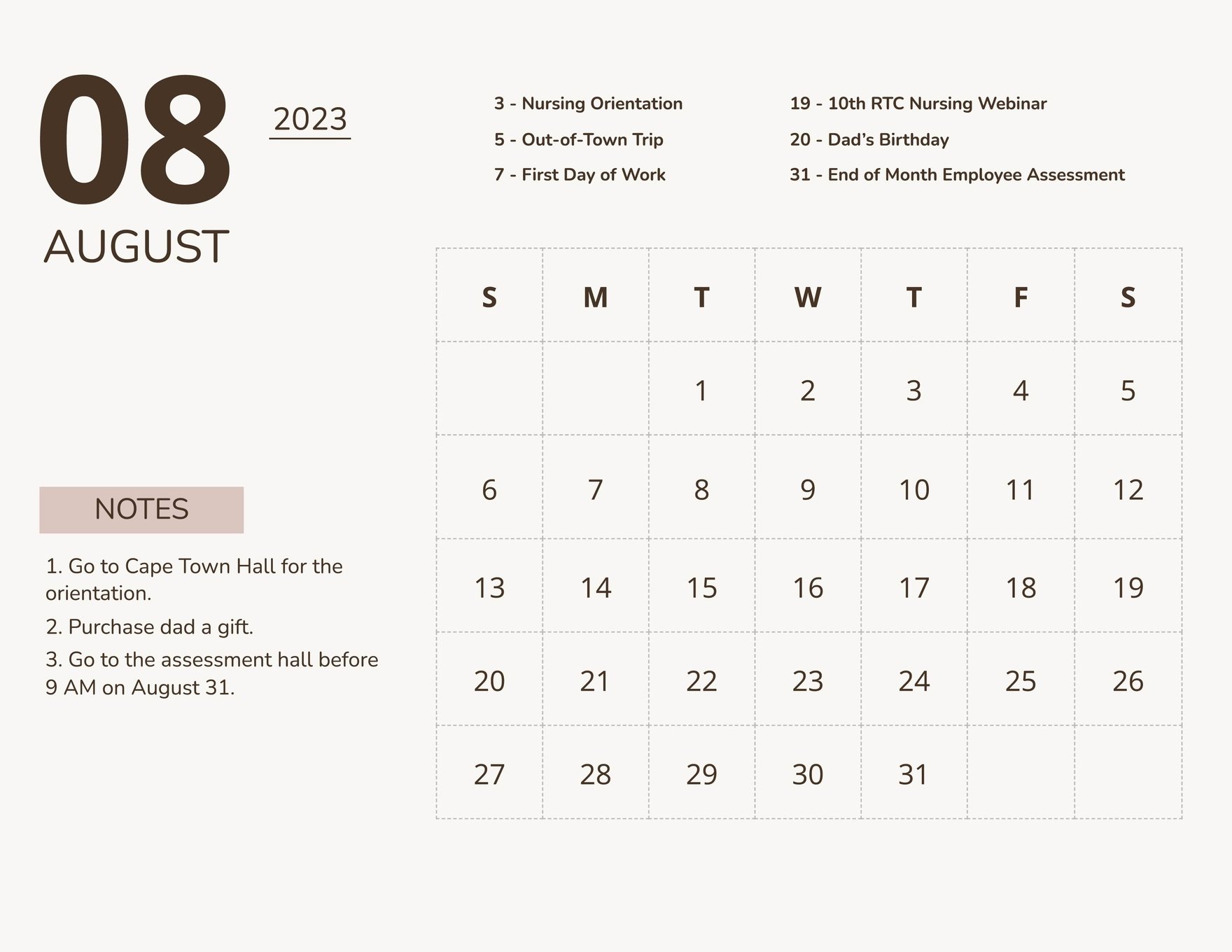 Free Printable August 2023 Monthly Calendar Template
