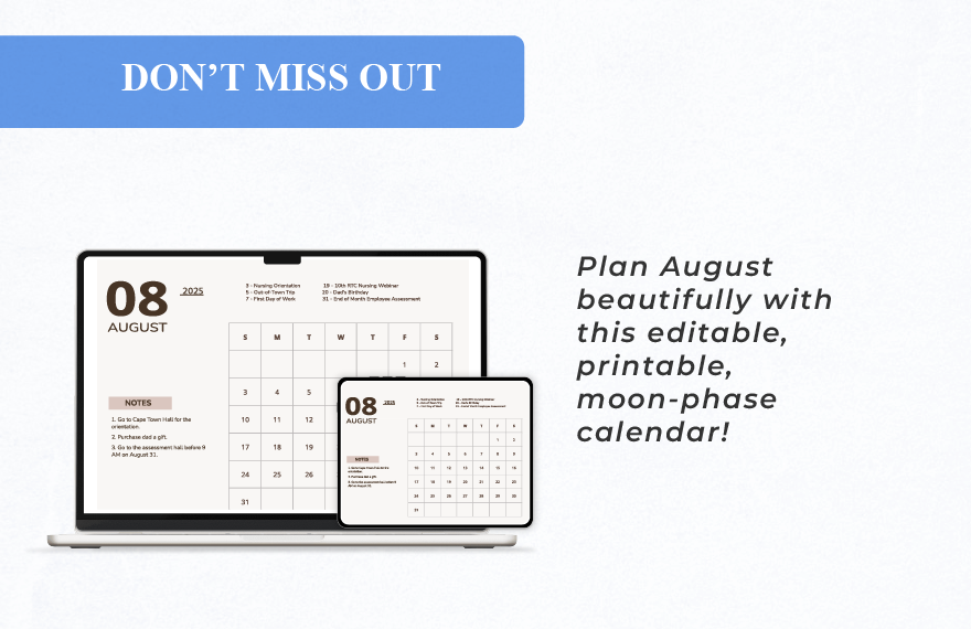 Printable August 2025 Monthly Calendar Template