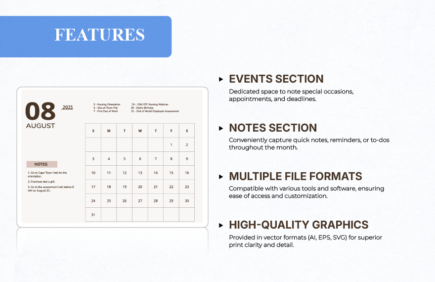 Printable August 2025 Monthly Calendar Template