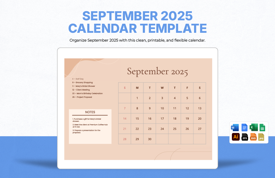 September 2023 Calendar Template in Illustrator, EPS, JPG, Excel, Word, SVG, Google Docs, Google Sheets to Download