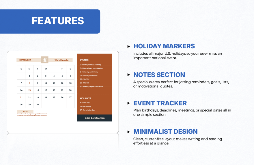 September 2025 Calendar Template With Holidays