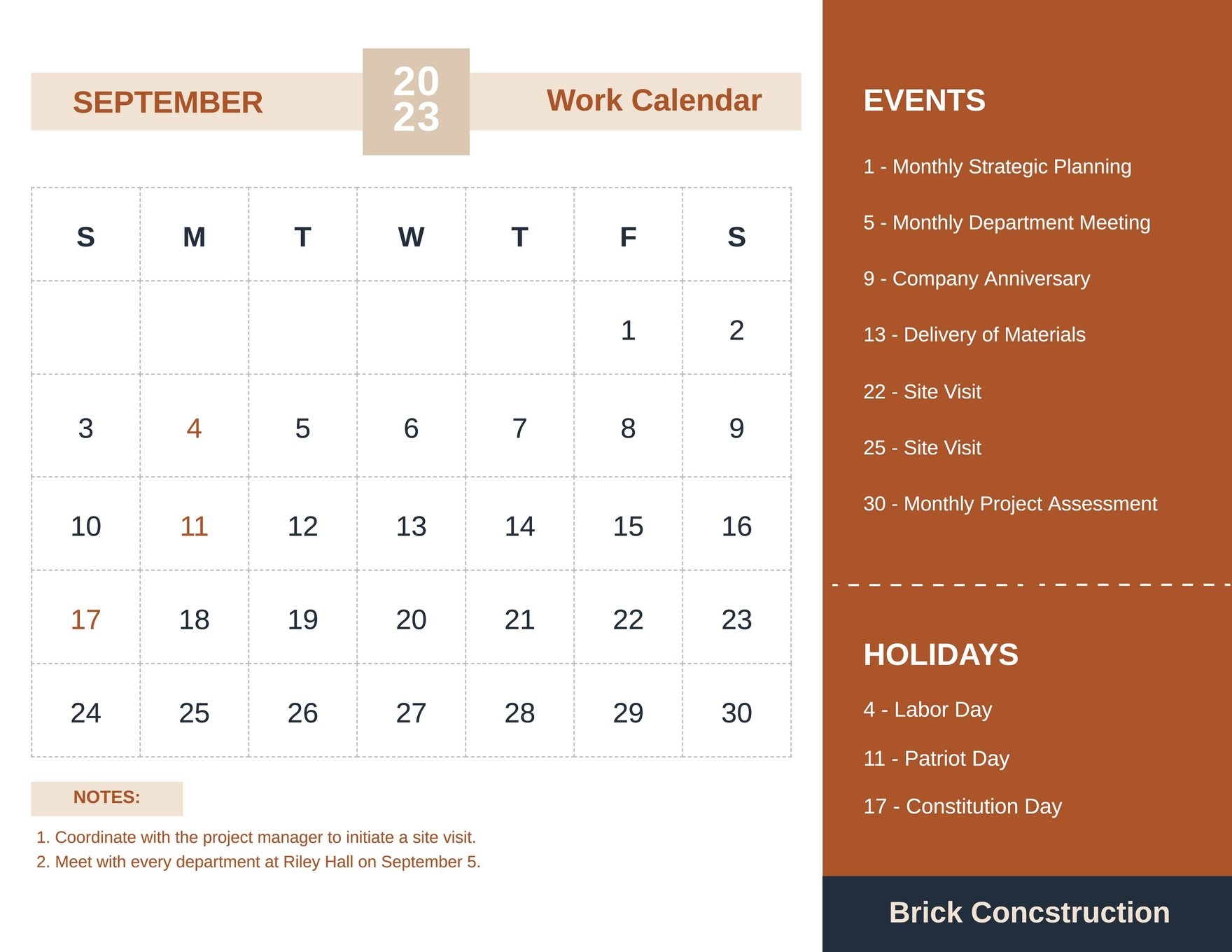September 2023 Calendar Template With Holidays