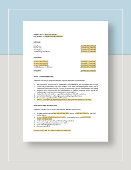 Pantry Chef Job Description Template Word Doc Google Docs