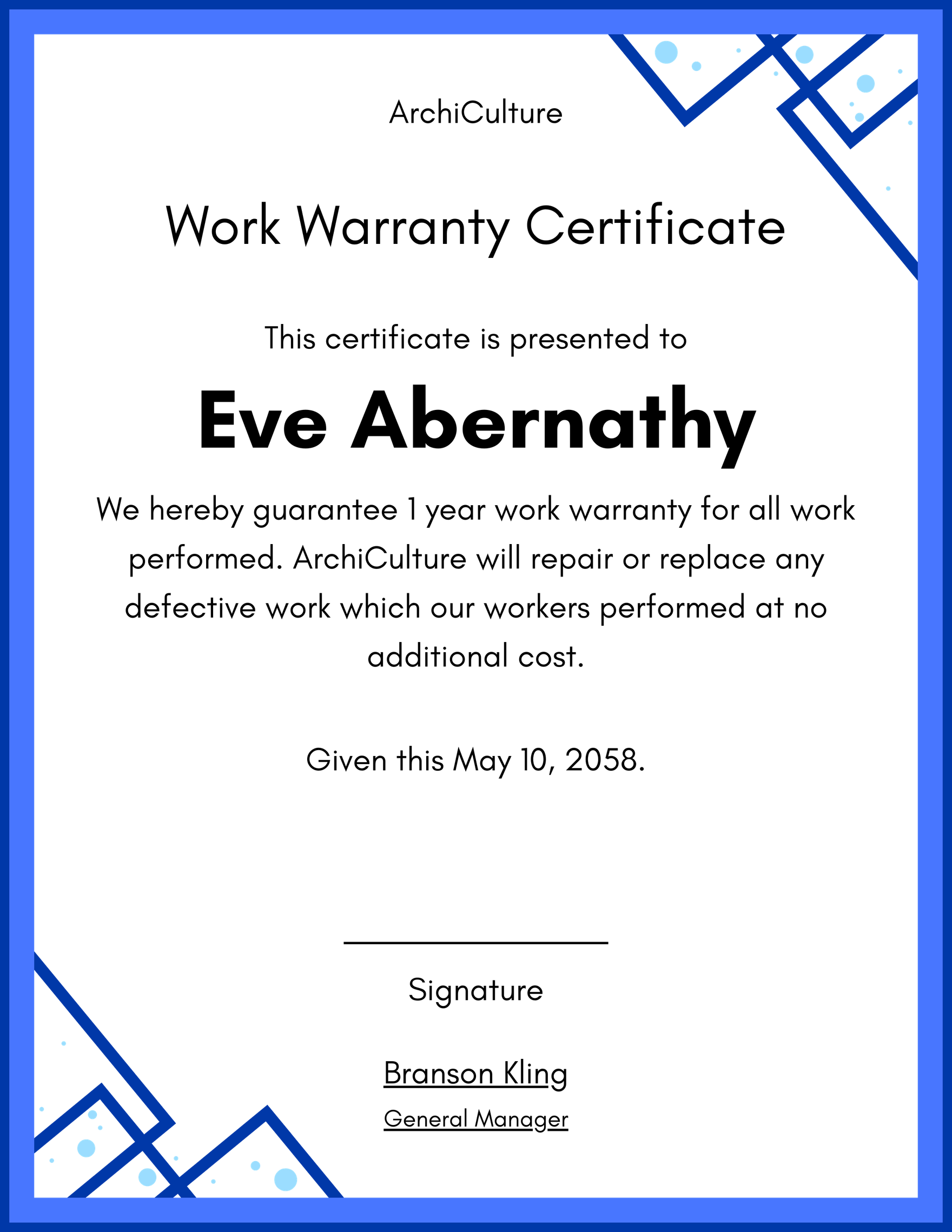Construction Warranty Certificate