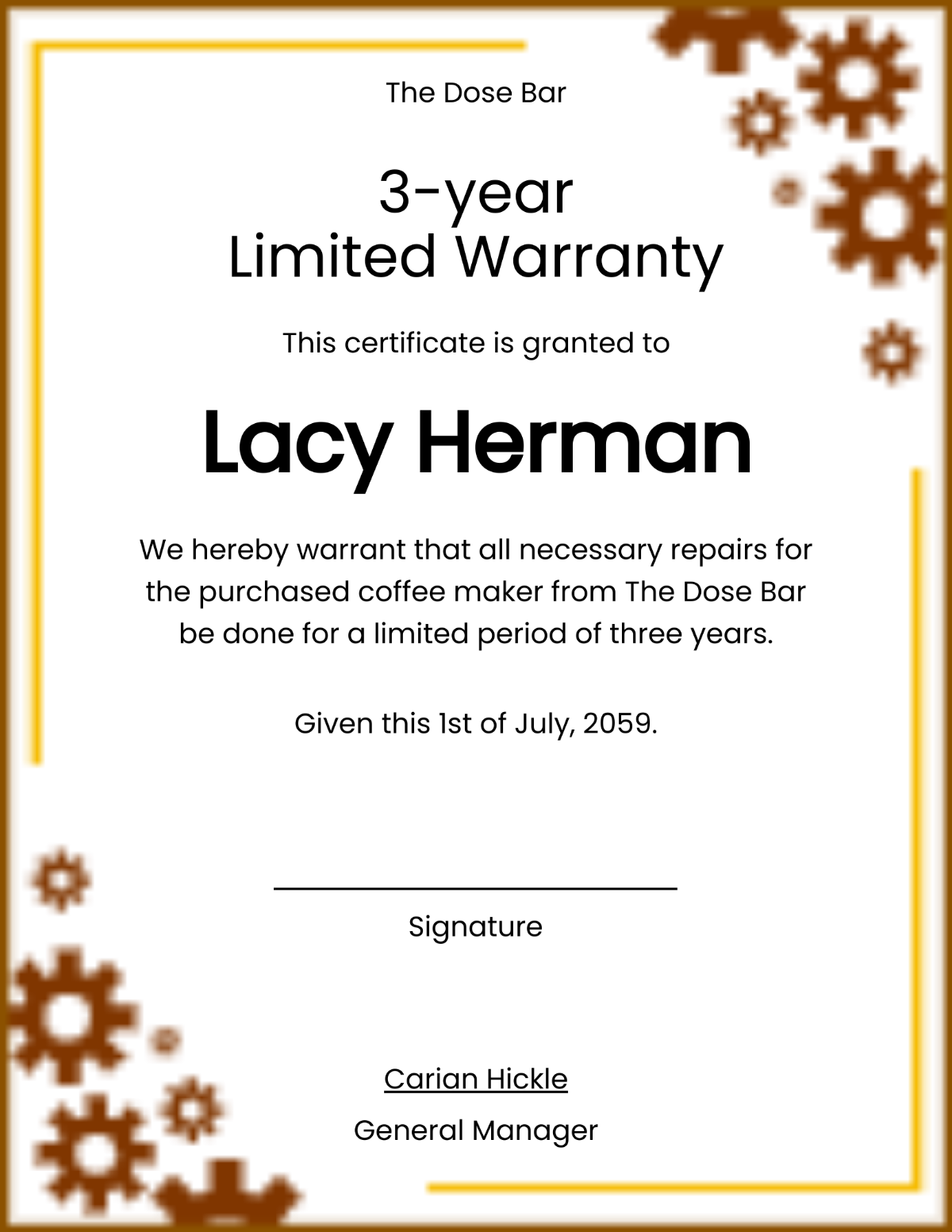 Machine Warranty Certificate Template