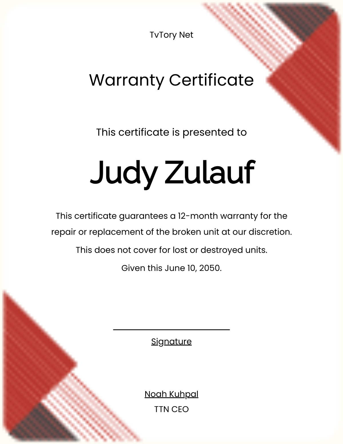 1 Year Warranty Certificate Template