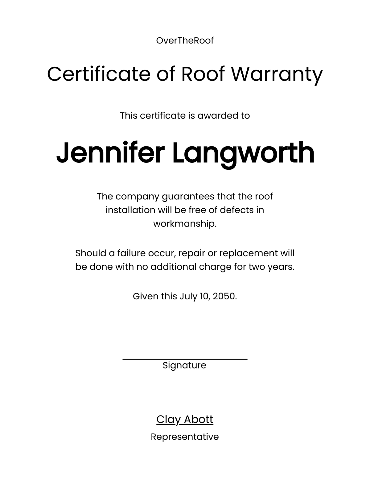Roofing Warranty Certificate Template