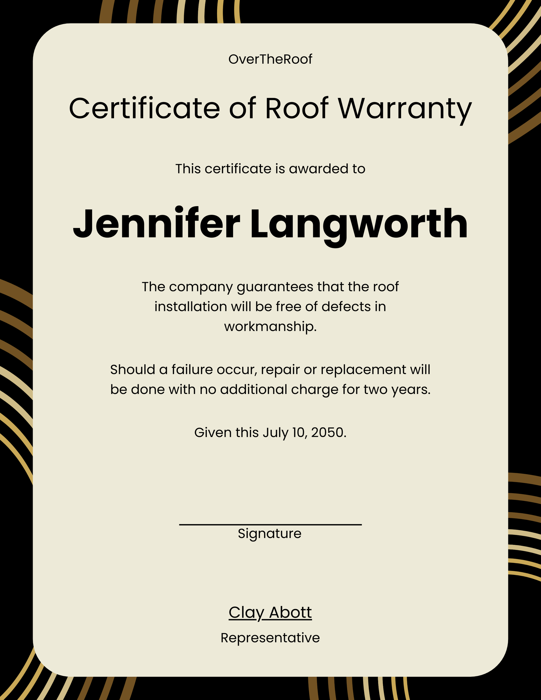 Roofing Warranty Certificate