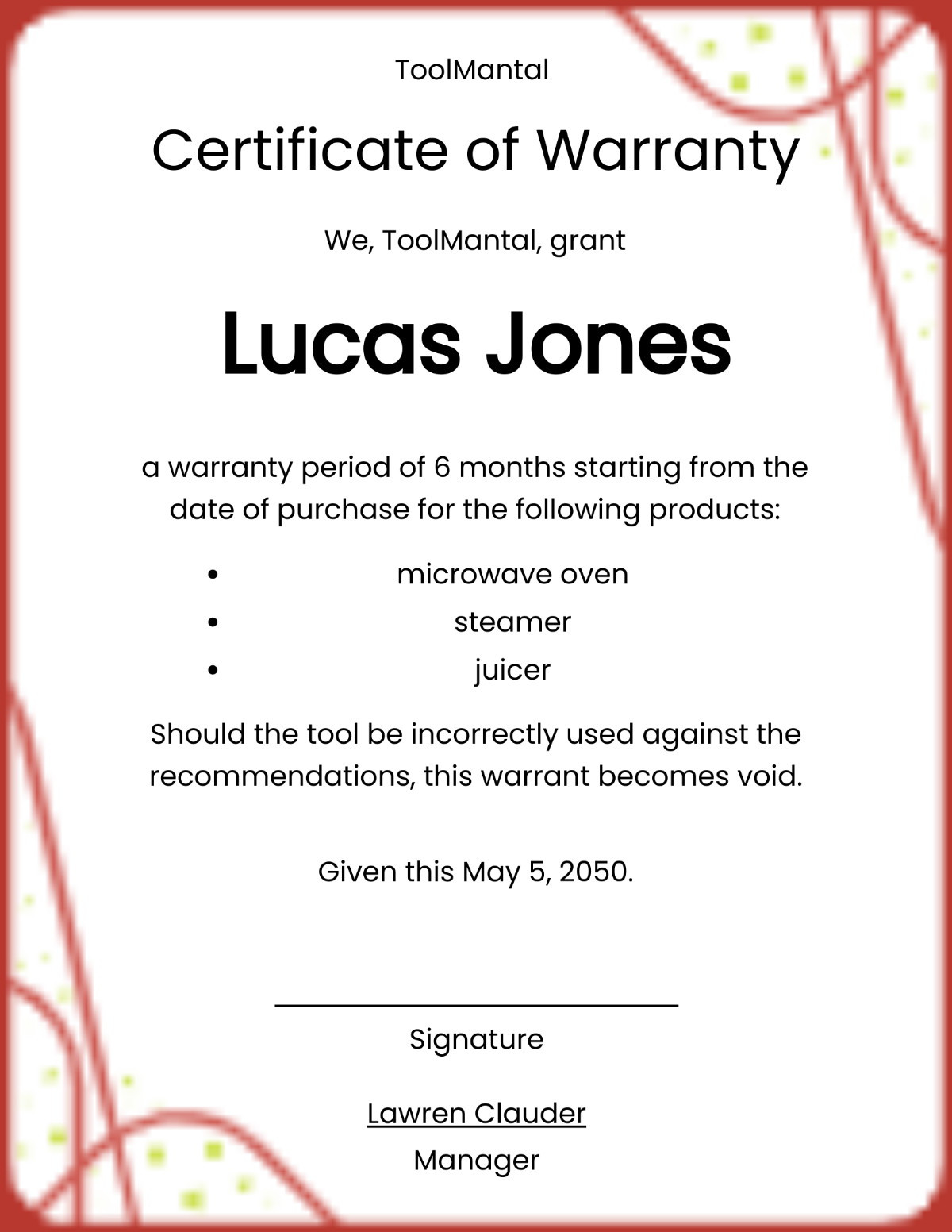 Equipment Warranty Certificate Template