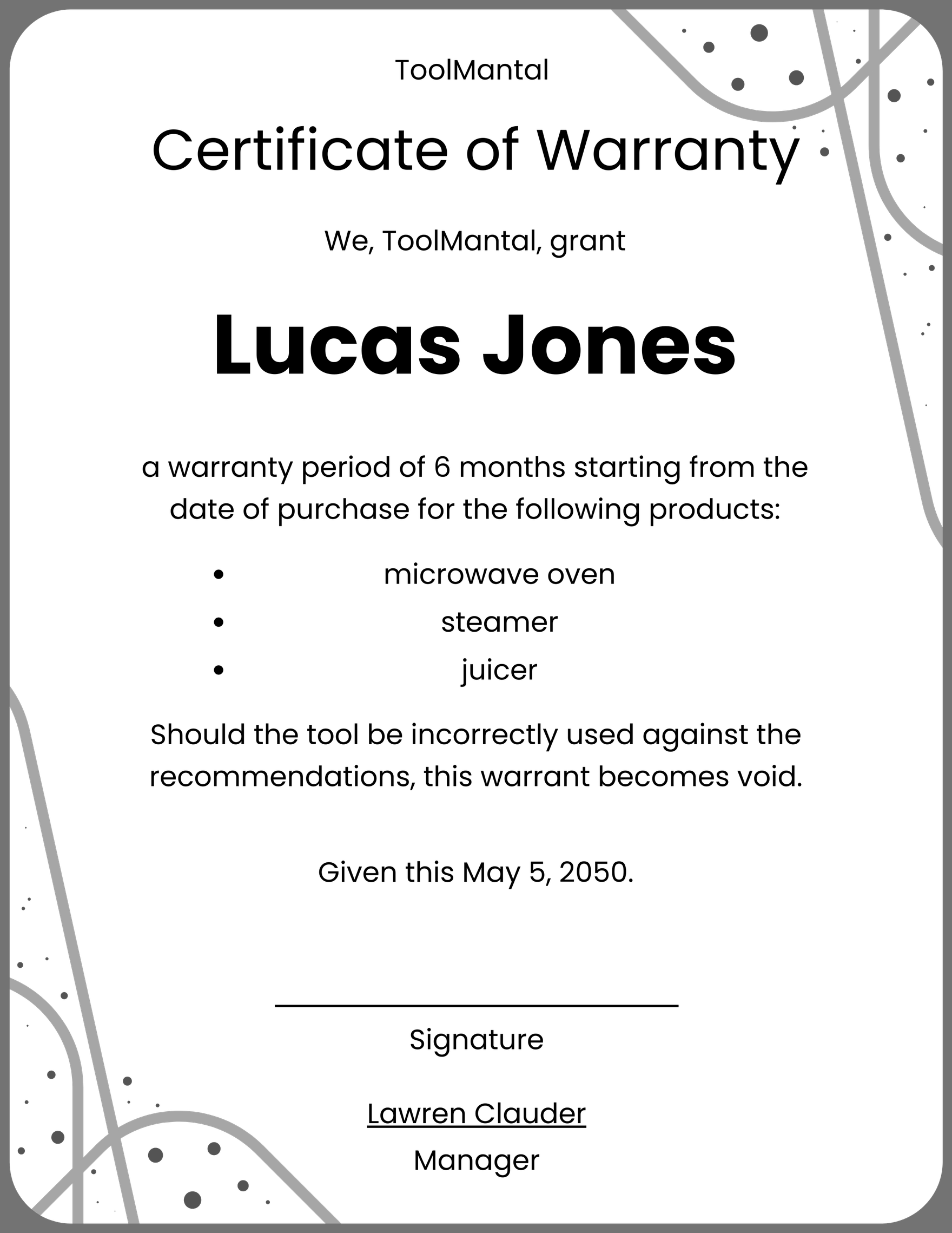 Equipment Warranty Certificate