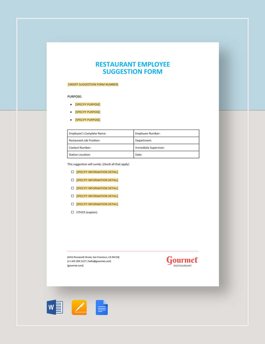 Restaurant Employee Suggestion Form Template